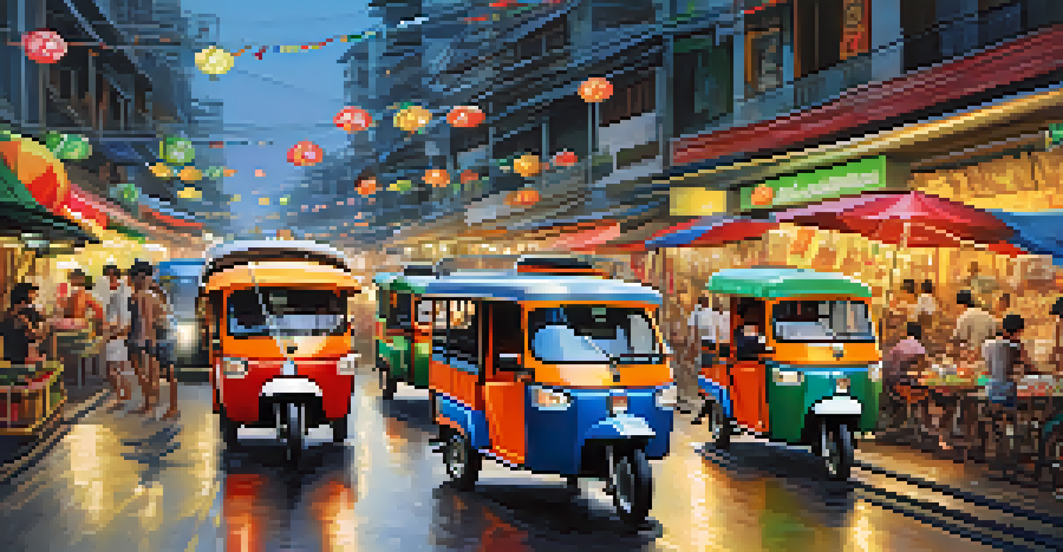A vibrant Thai street scene with tuk-tuks, songthaews, and bustling street food stalls at dusk.