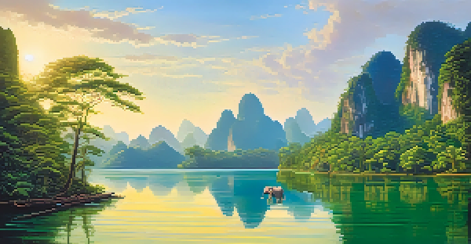 A picturesque view of Khao Sok National Park with limestone cliffs, rainforest, and an elephant by a lake under soft sunlight.