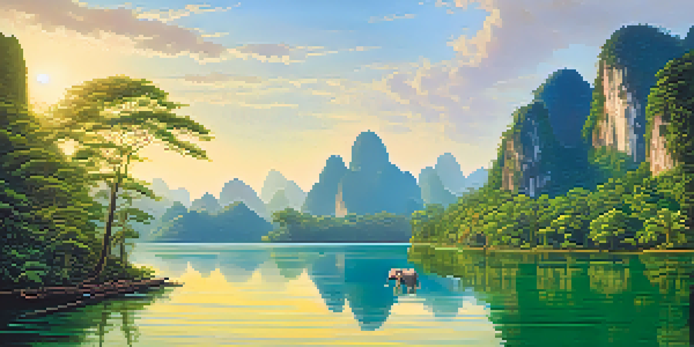 A picturesque view of Khao Sok National Park with limestone cliffs, rainforest, and an elephant by a lake under soft sunlight.