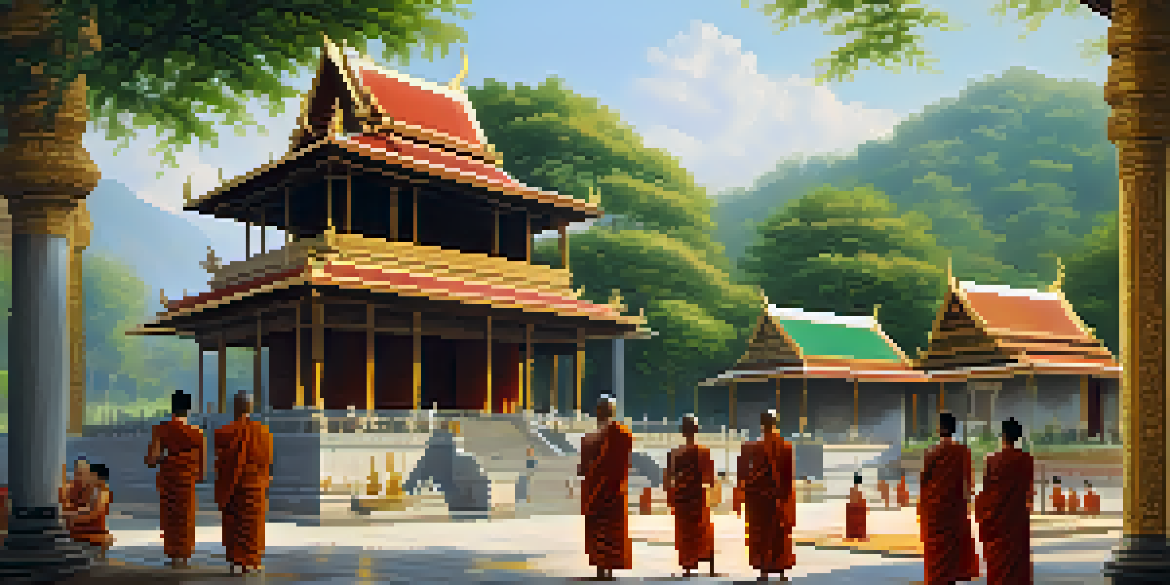 A peaceful Thai Buddhist temple surrounded by trees, with locals giving alms to monks in traditional clothing.