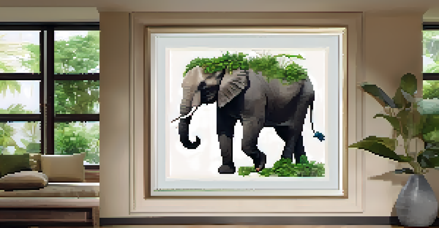 A Thai-inspired artwork of an elephant surrounded by greenery and floral patterns, framed on a wall with natural light illuminating it.