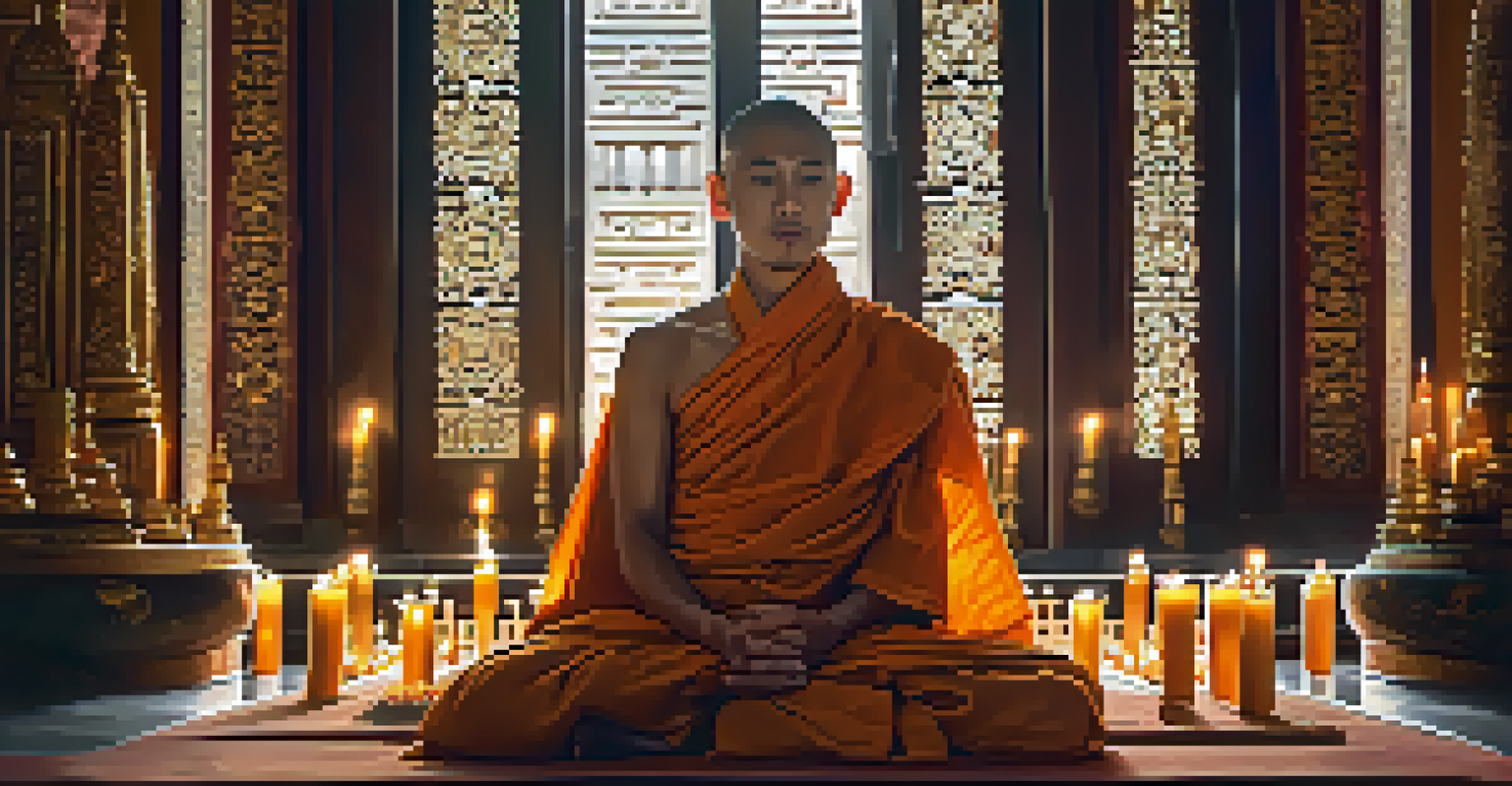 A tranquil portrait of a Thai monk in a beautifully decorated temple, surrounded by candles and warm light.