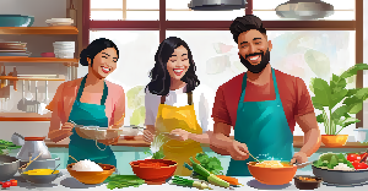 A group of friends enjoying a fun Thai cooking class, smiling and cooking together in a colorful kitchen.