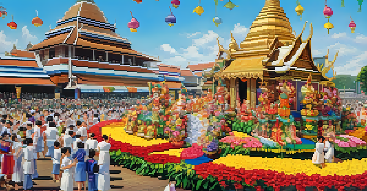 A vibrant parade at the Chiang Mai Flower Festival with colorful floats and flowers.