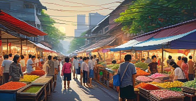 A lively street market in Thailand with colorful stalls, vendors, and customers enjoying local crafts and food.