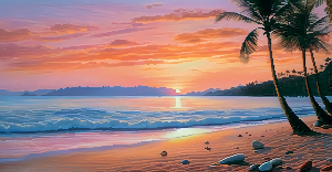 A tranquil beach at sunset with colorful sky, palm trees, and seashells on the sand.