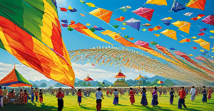 A lively outdoor scene at Thailand's Kite Festival, showcasing colorful kites in the sky and families enjoying the event.