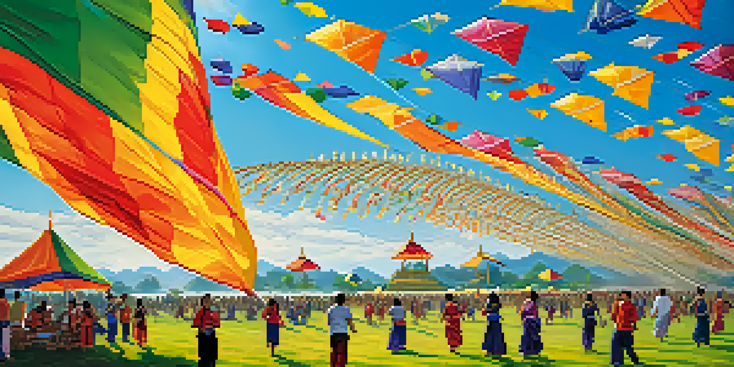 A lively outdoor scene at Thailand's Kite Festival, showcasing colorful kites in the sky and families enjoying the event.