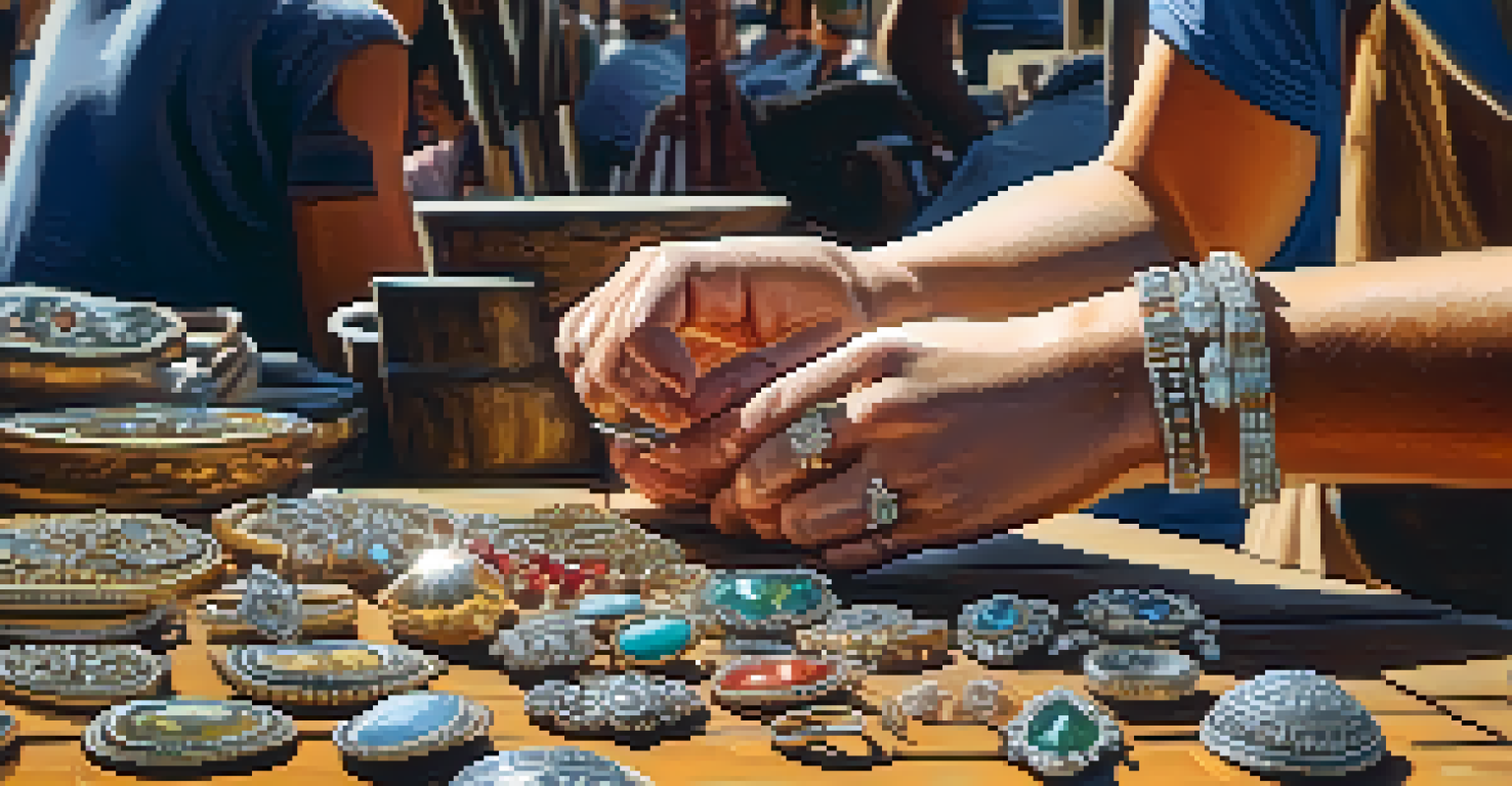 Close-up of a vendor arranging handmade jewelry at an outdoor market with shoppers in the background.