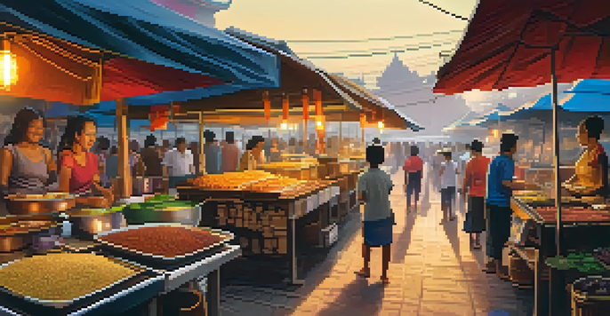 A vibrant Thai street food market at dusk with colorful stalls and warm lighting, showcasing vendors grilling satay and customers enjoying noodles.