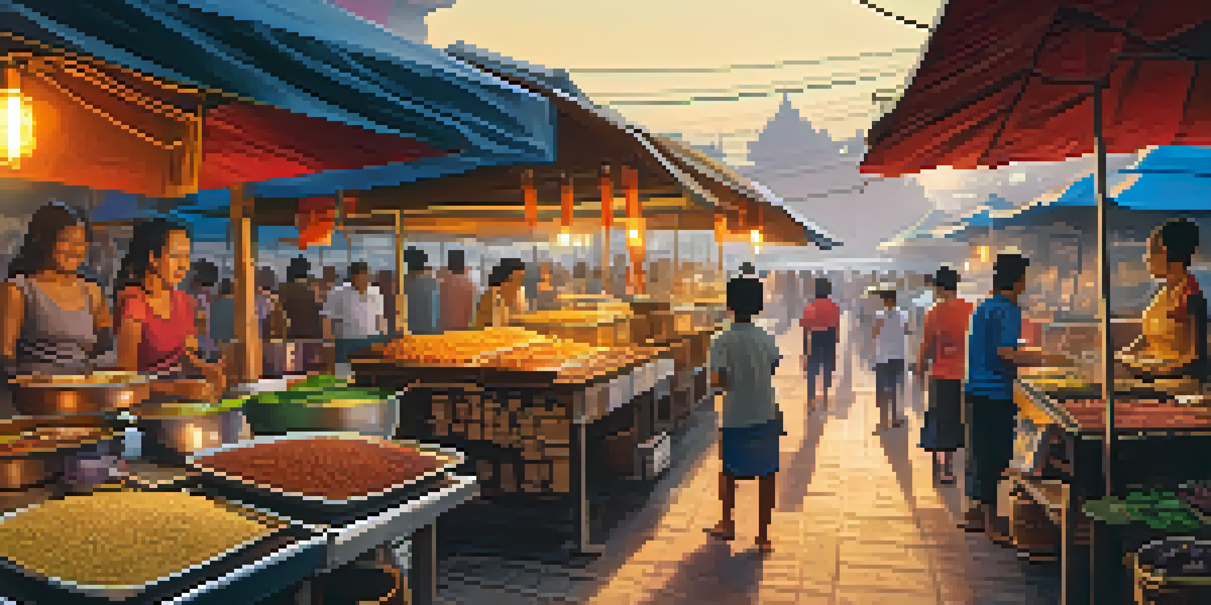 A vibrant Thai street food market at dusk with colorful stalls and warm lighting, showcasing vendors grilling satay and customers enjoying noodles.