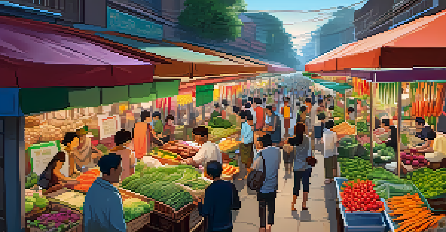 An aerial view of a bustling Thai market filled with fresh produce, flowers, and people interacting.