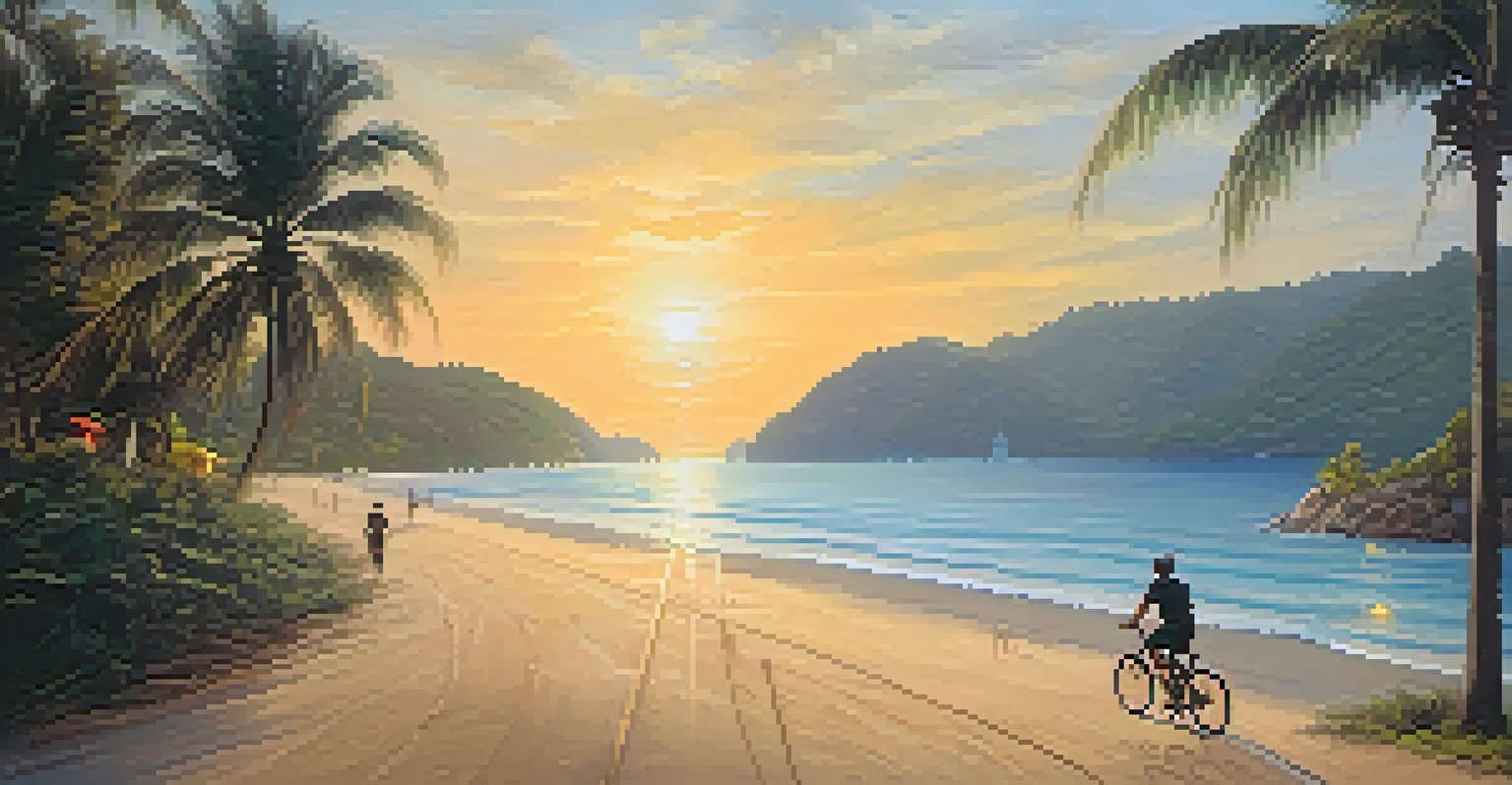 A cyclist riding along a coastal route in Phuket with turquoise waters and palm trees during sunset.