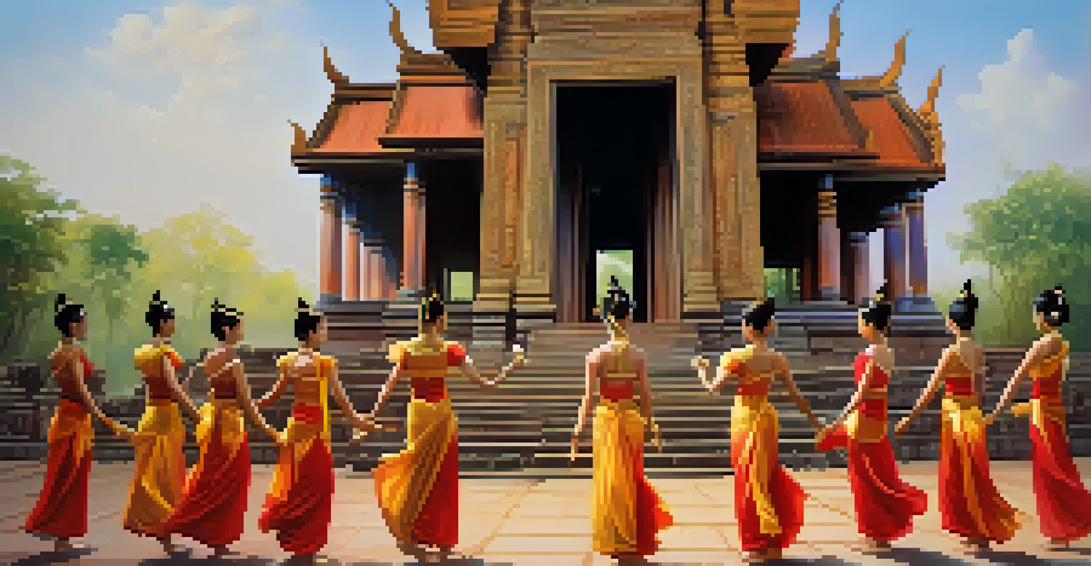A traditional Thai dance performance in front of ancient temples in Sukhothai, with dancers in vibrant costumes.