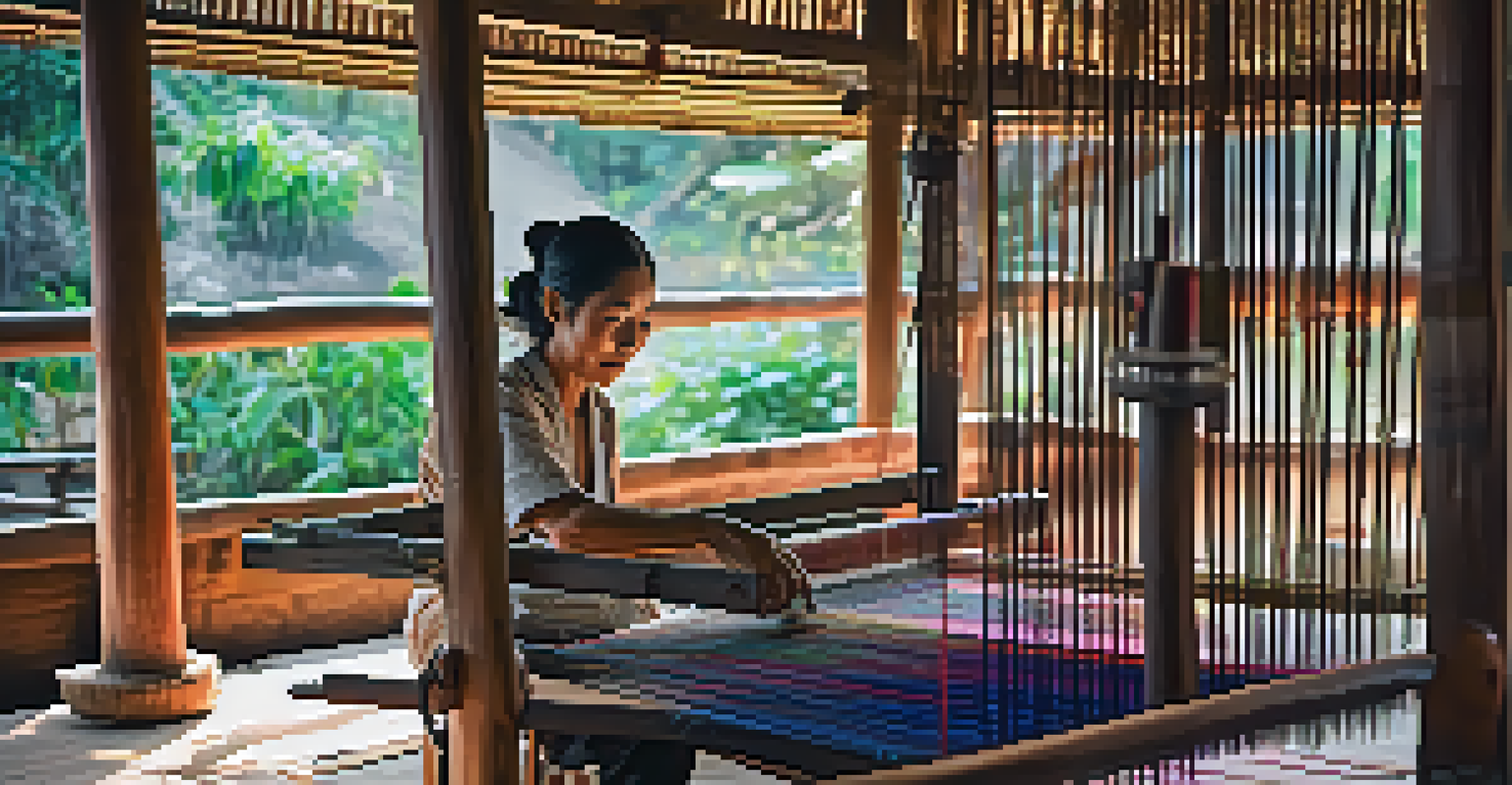 An artisan weaving silk on a loom in Chiang Mai, showcasing colorful threads and a serene work environment.