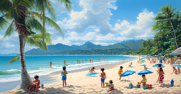 Children building sandcastles on Chaweng Beach in Koh Samui, with palm trees and turquoise waves in the background.