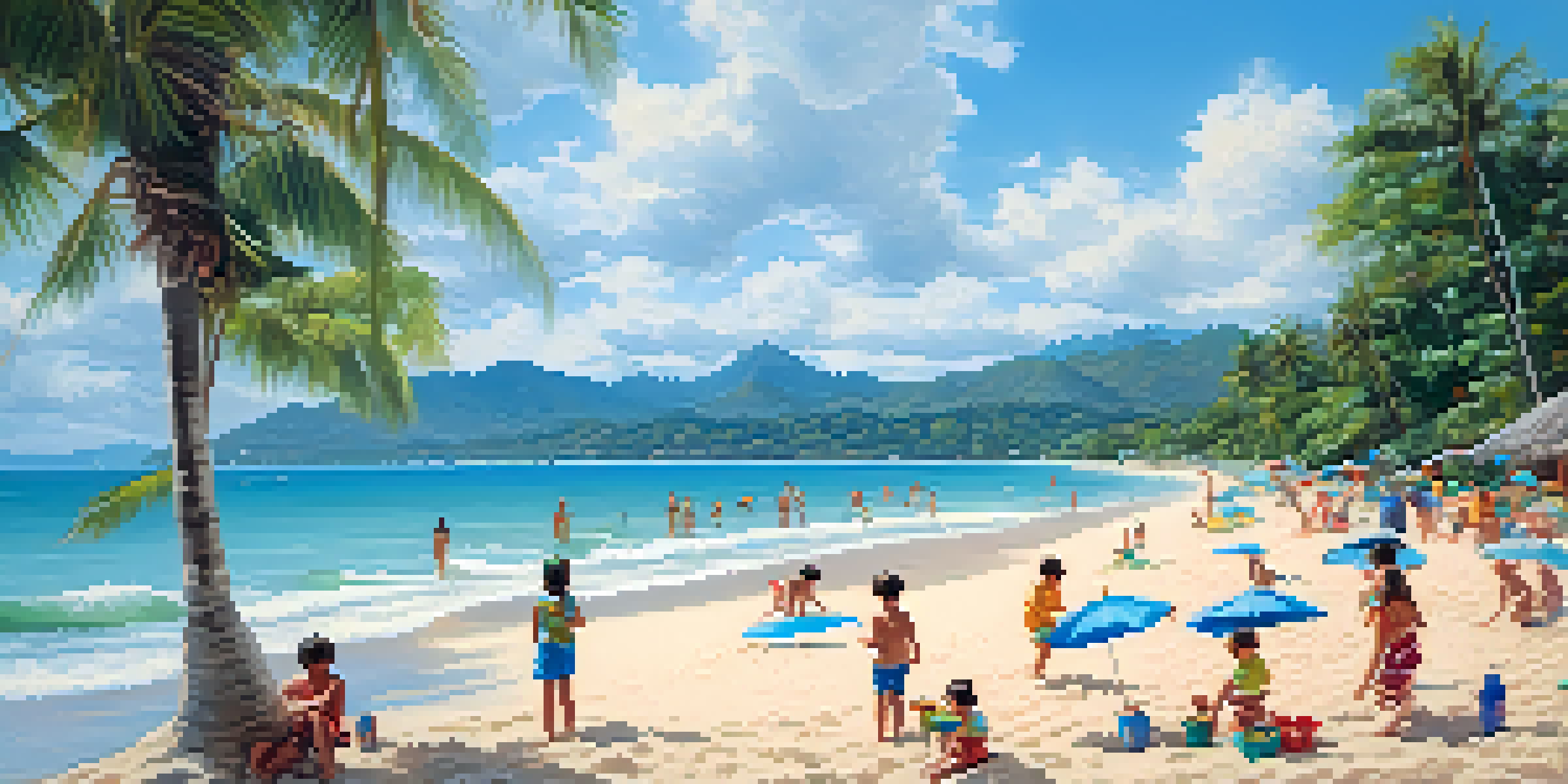 Children building sandcastles on Chaweng Beach in Koh Samui, with palm trees and turquoise waves in the background.