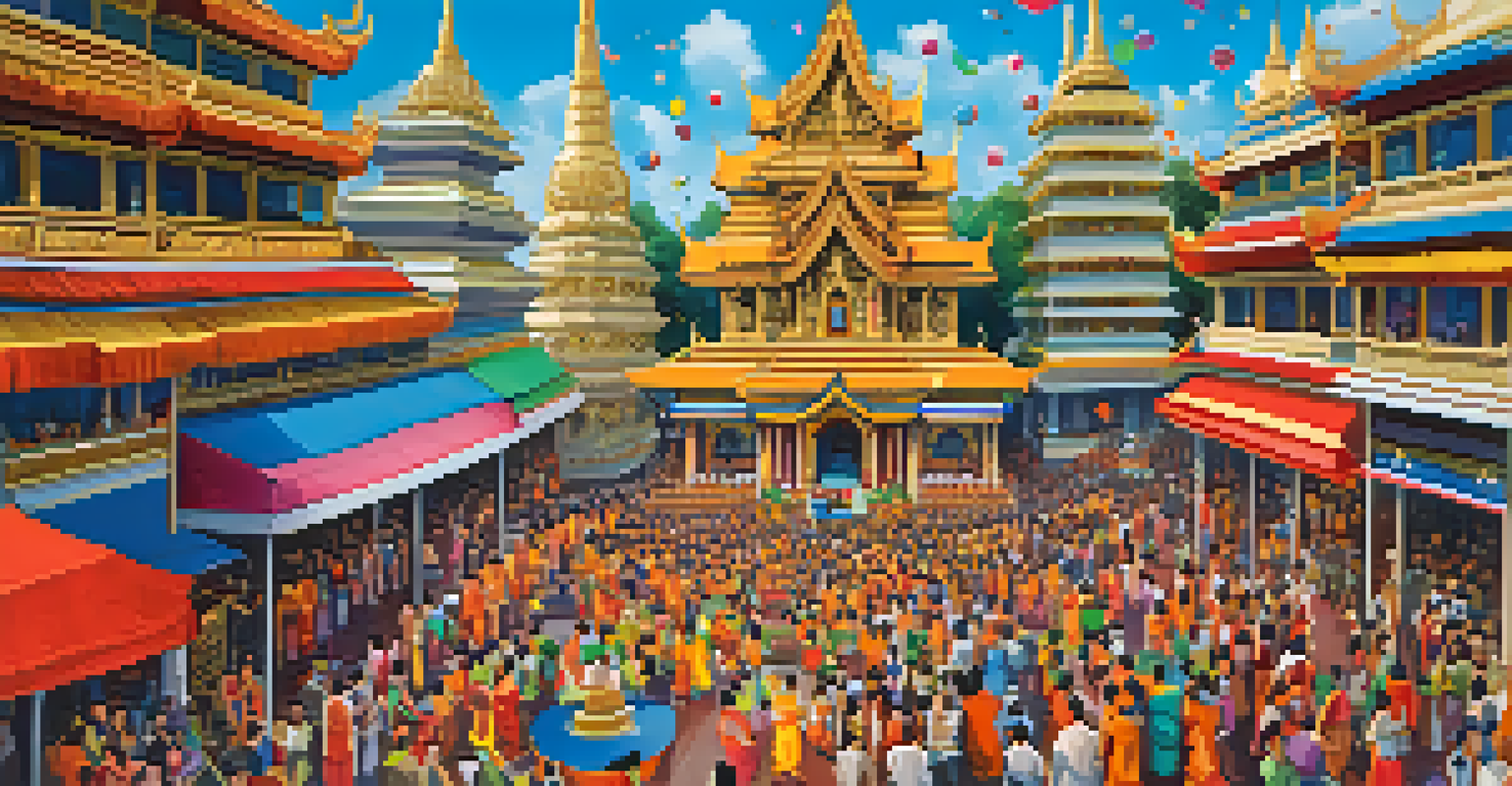 A vibrant festival at a Thai city temple, filled with people meditating and colorful decorations under a blue sky.
