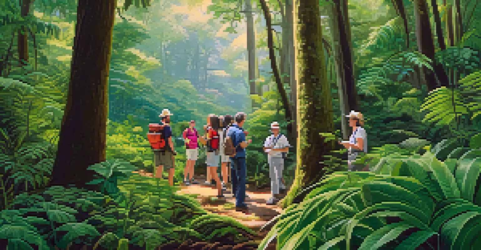 A diverse group of tourists in a green forest listening to a guide, surrounded by tall trees and various plants, emphasizing environmental education.