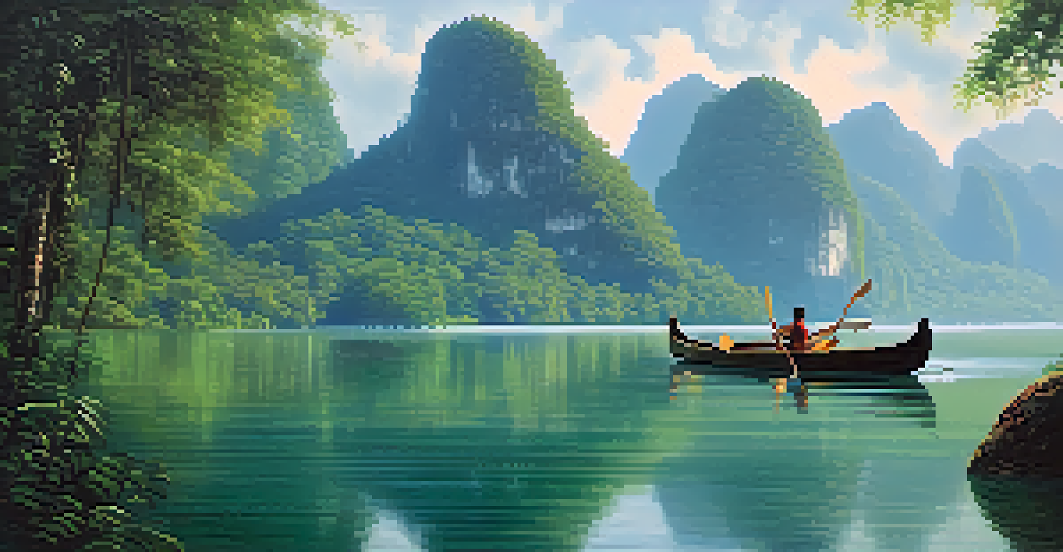 A couple in a canoe on a peaceful lake in Khao Sok National Park, with lush forests and limestone cliffs surrounding them.