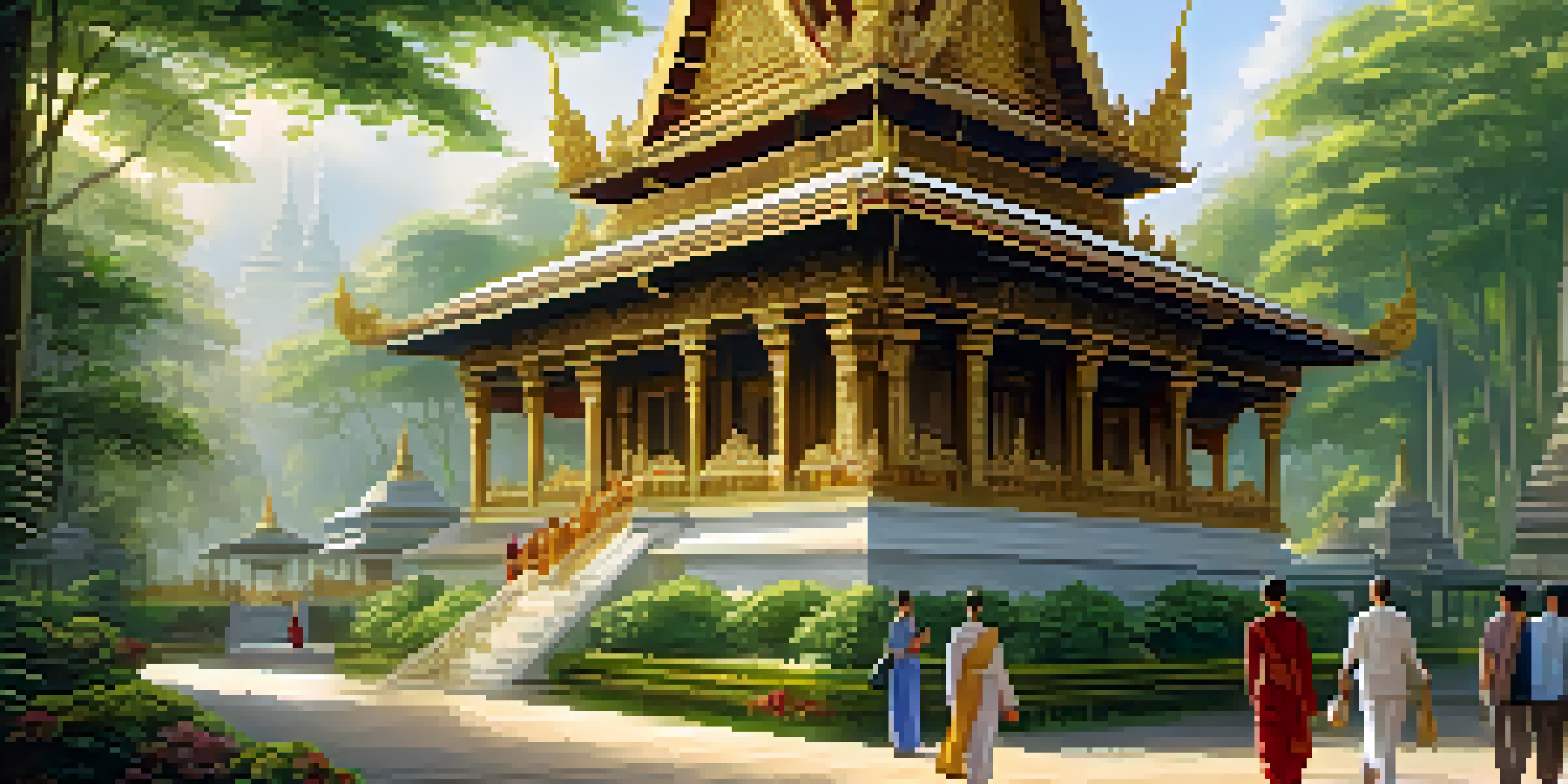 Visitors in modest attire walking around a serene Thai temple surrounded by greenery and sunlight filtering through the leaves.