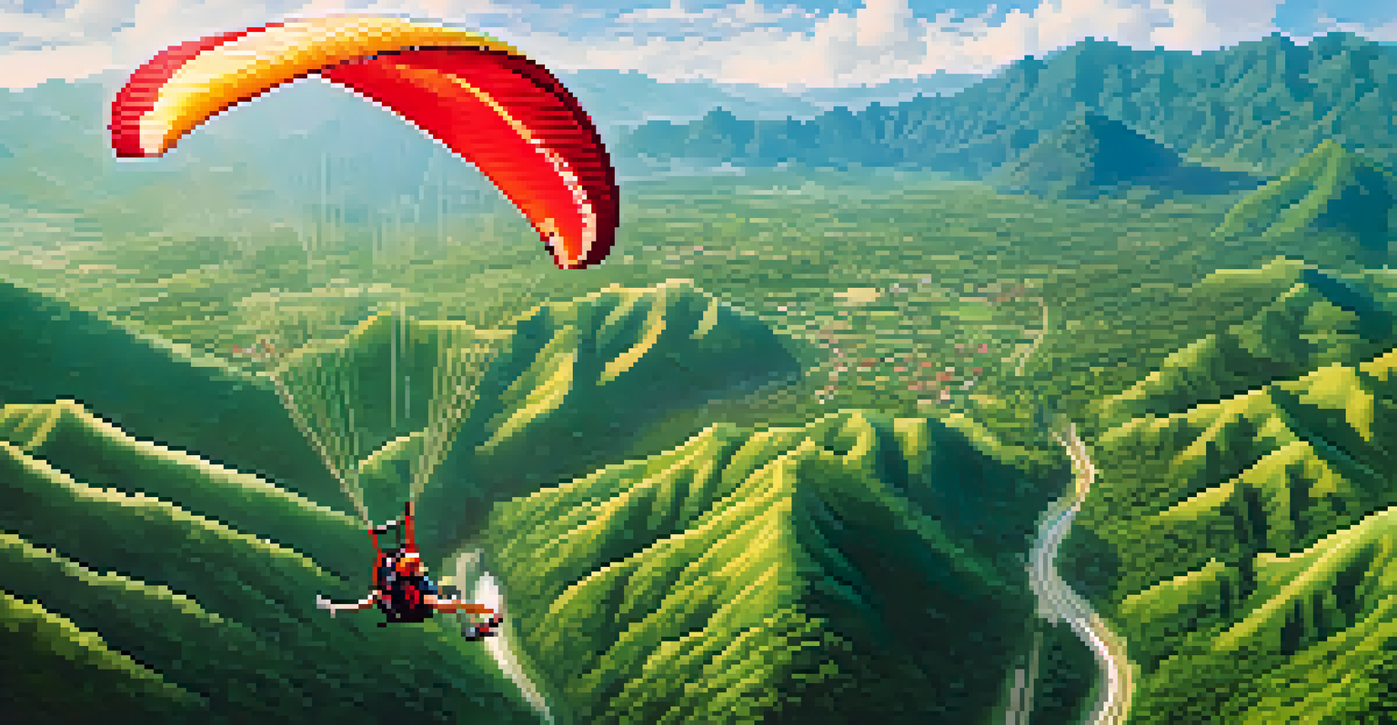 An aerial view of mountains and valleys in Chiang Mai, seen from a paragliding perspective under a clear blue sky.
