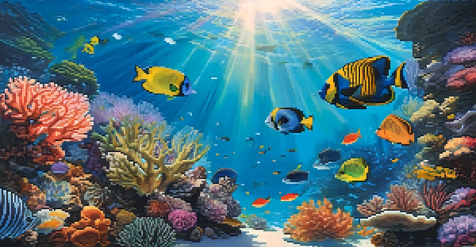 An underwater scene featuring a colorful coral reef full of diverse fish and intricate coral formations illuminated by sunlight.