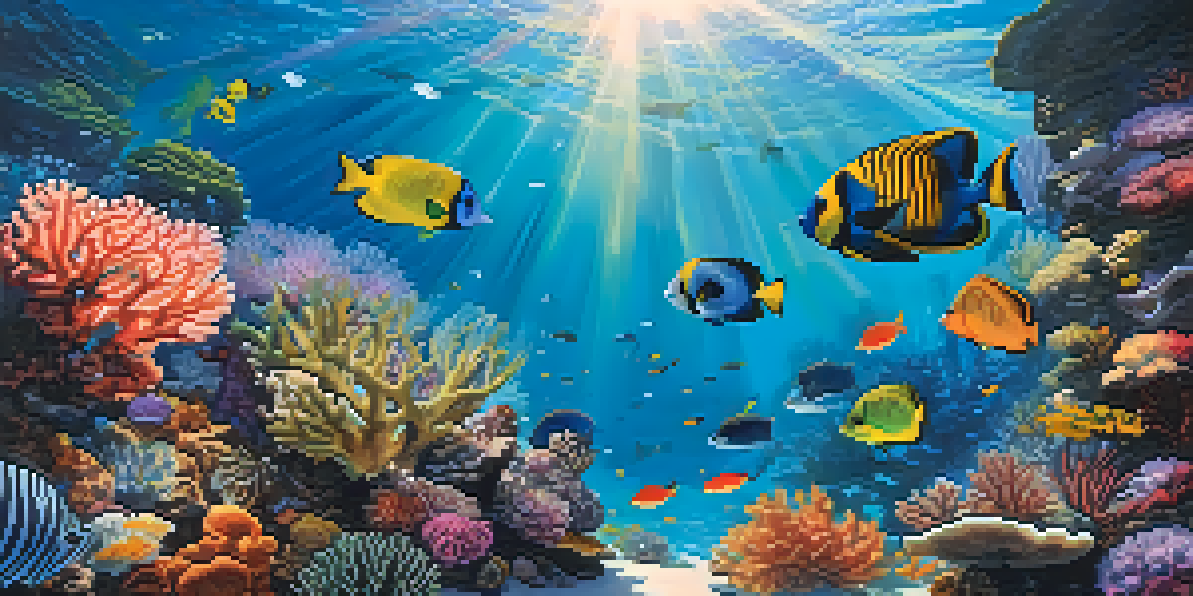 An underwater scene featuring a colorful coral reef full of diverse fish and intricate coral formations illuminated by sunlight.