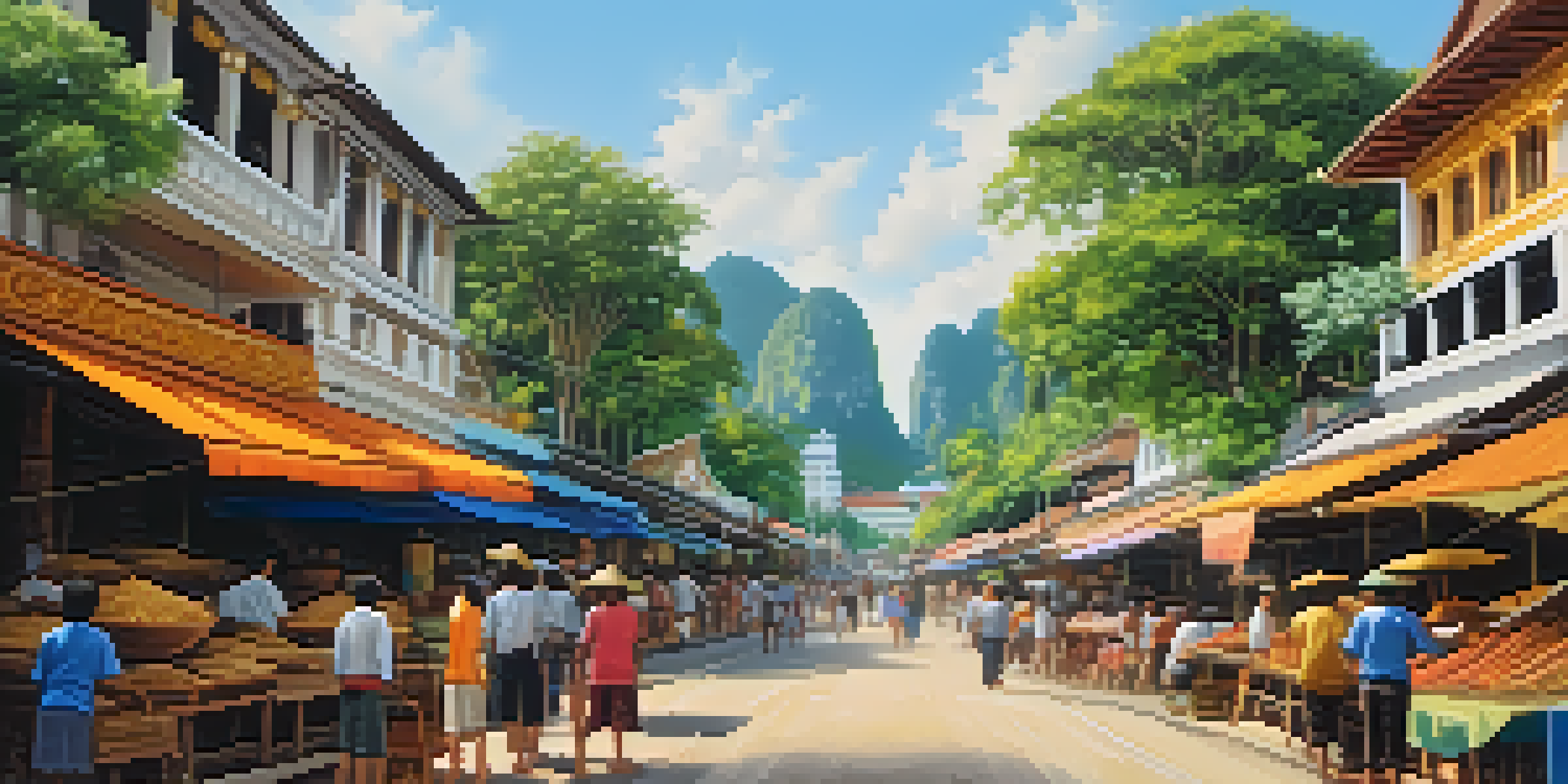 A bustling street market in Krabi with traditional Thai and colonial architecture, colorful stalls, and limestone cliffs in the background, all illuminated by warm sunlight.