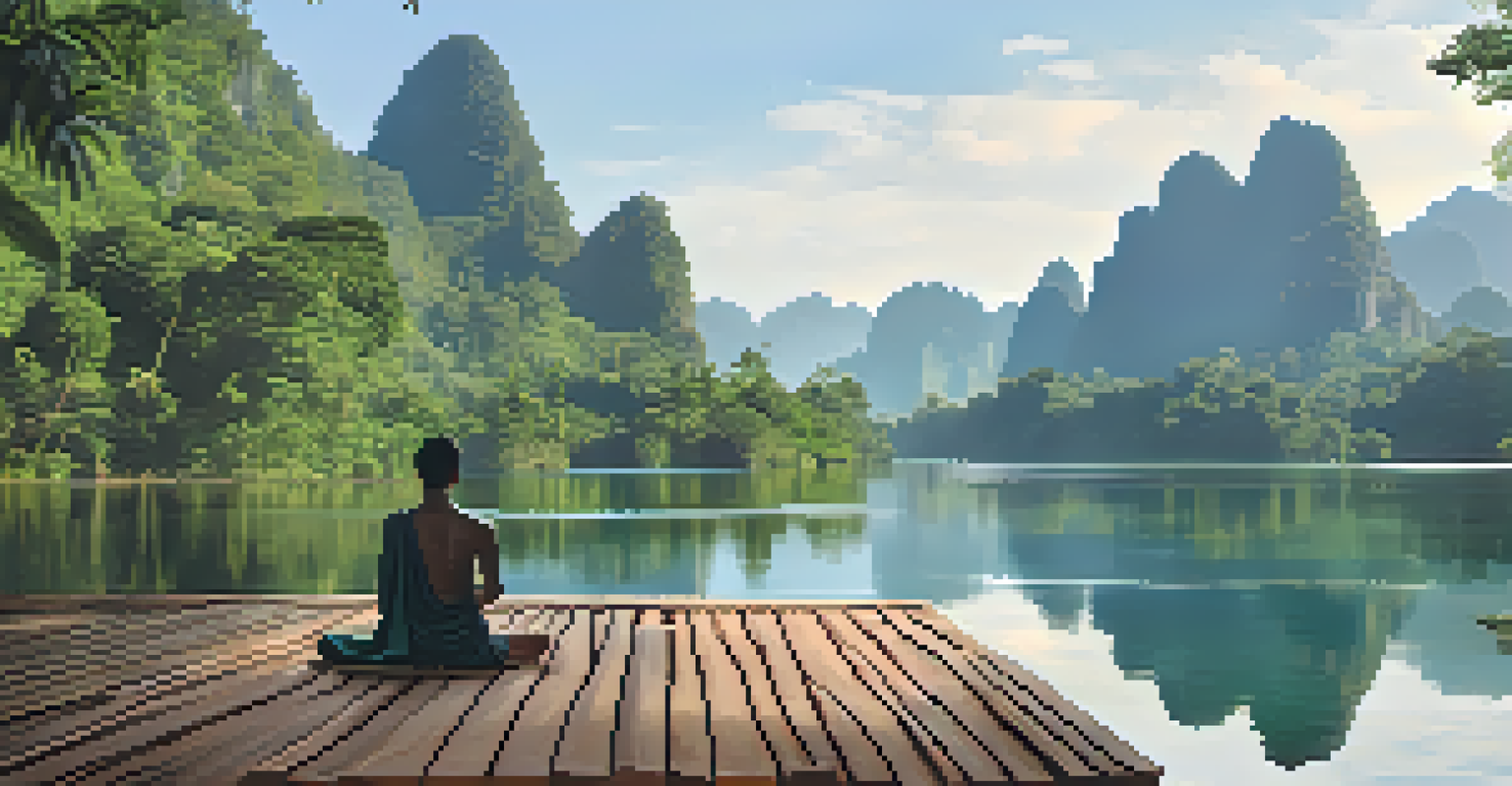 A peaceful meditation retreat in the jungles of Khao Sok National Park, featuring a person meditating on a wooden platform by a tranquil lake.
