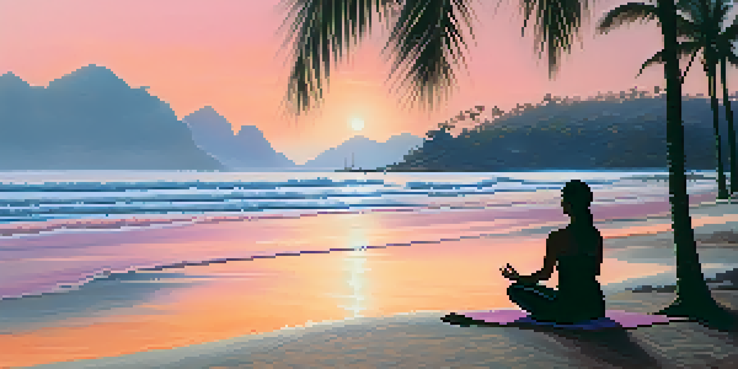 A peaceful sunrise on a beach in Thailand, with a traveler practicing yoga on the sand and palm trees in the foreground.