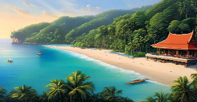 A tranquil scene of beachfront villas in Phuket with palm trees and a sunrise over turquoise waters.