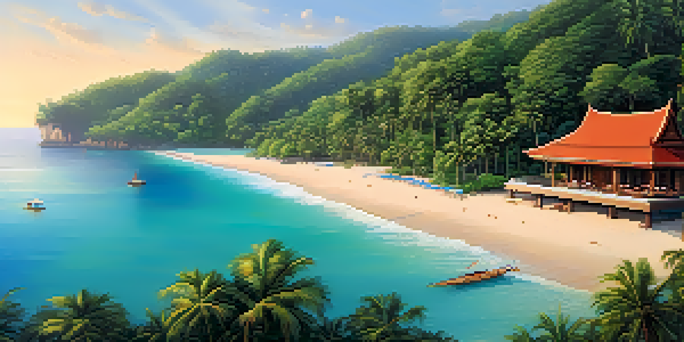 A tranquil scene of beachfront villas in Phuket with palm trees and a sunrise over turquoise waters.