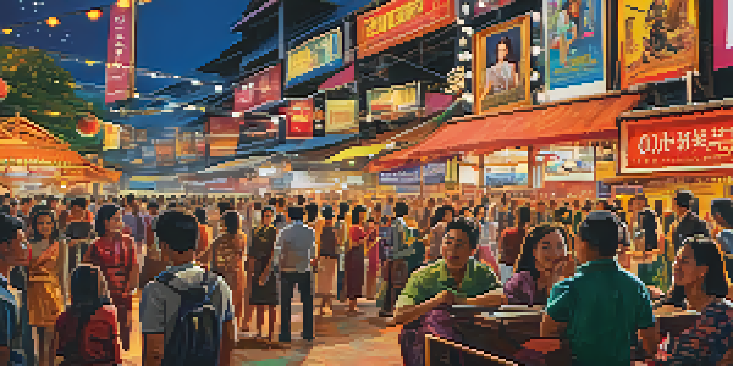 A lively Thai film festival with colorful banners, movie posters, and diverse attendees engaging in conversations under warm lighting.