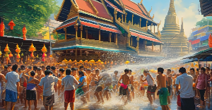 People celebrating the Songkran festival in Thailand, splashing water and surrounded by colorful decorations and a golden Buddha statue.