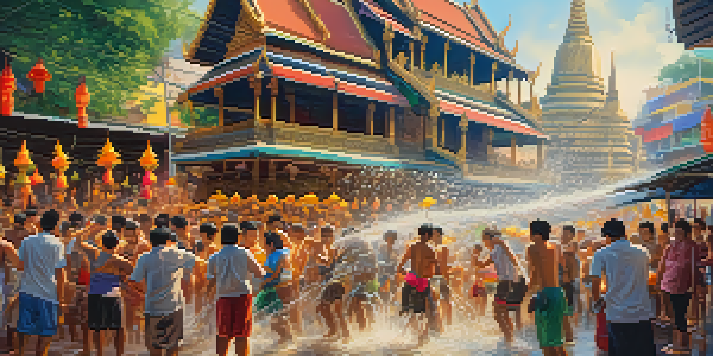 People celebrating the Songkran festival in Thailand, splashing water and surrounded by colorful decorations and a golden Buddha statue.