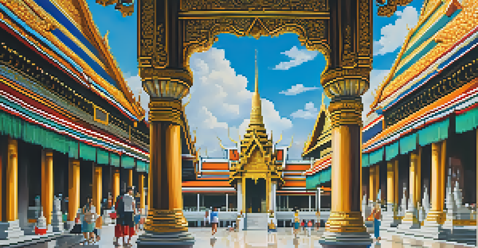 The Grand Palace in Bangkok with intricate architecture, golden spires, and visitors, set against a clear blue sky.
