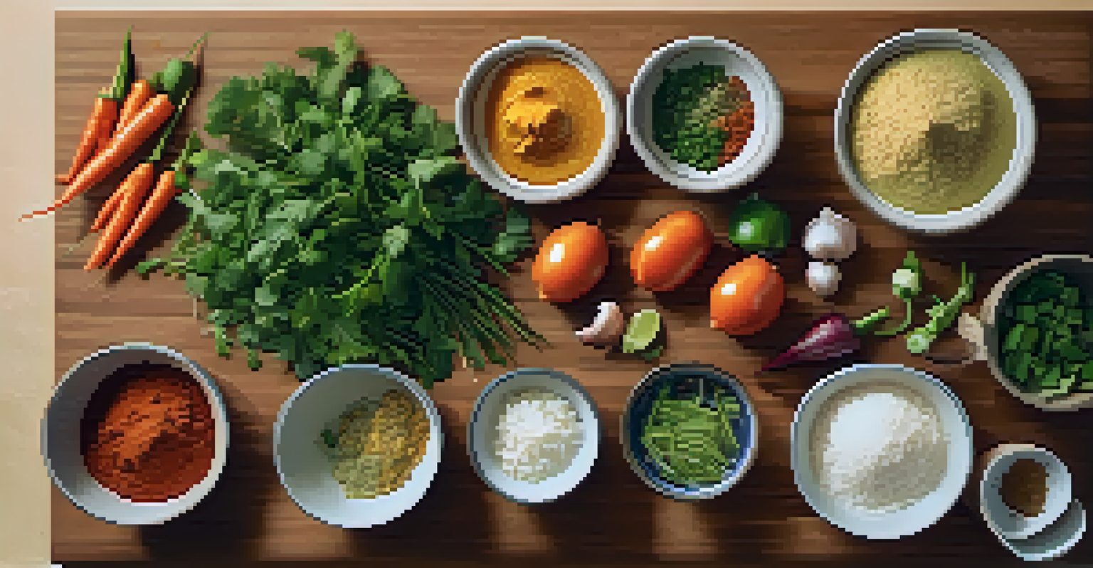 An overhead view of ingredients for Thai curry on a kitchen countertop.