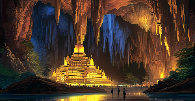 A person stands in Tham Luang Cave, surrounded by shining stalactites and illuminated rock formations.