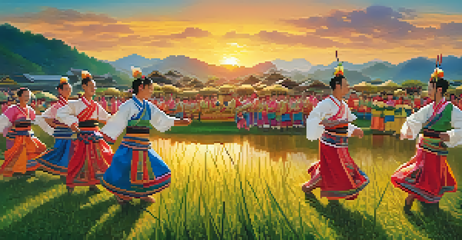Lisu tribe members celebrating the New Rice Festival, dancing in colorful costumes around a rice paddy during a beautiful sunset.