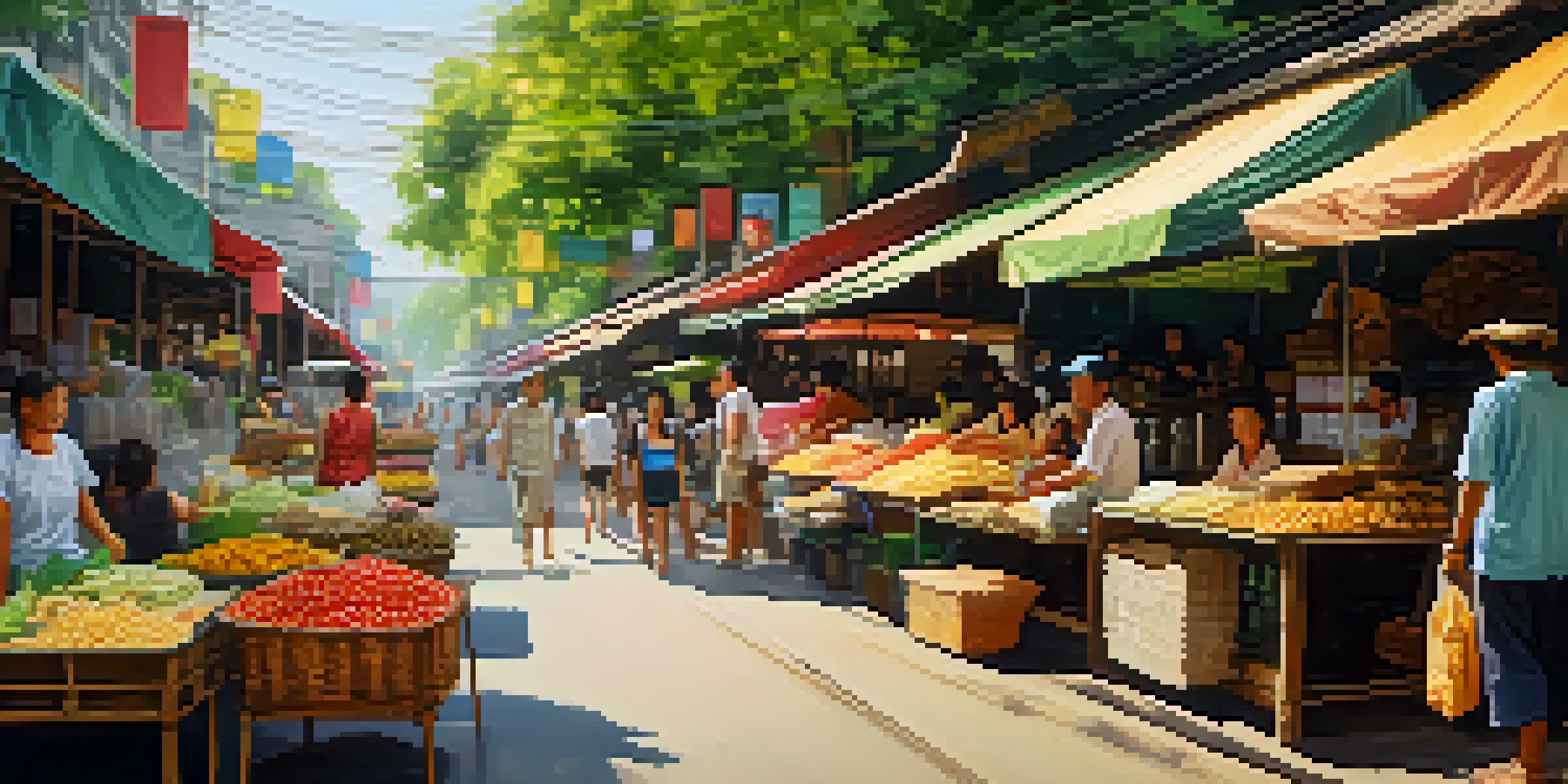 A lively street market in Bangkok filled with colorful stalls, local vendors, and young people enjoying traditional Thai snacks under the warm sunlight.