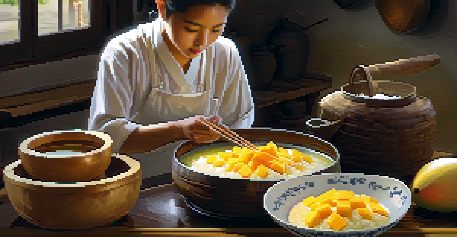 A close-up of glutinous rice soaking in water with ripe mangoes and coconut milk in a traditional kitchen.