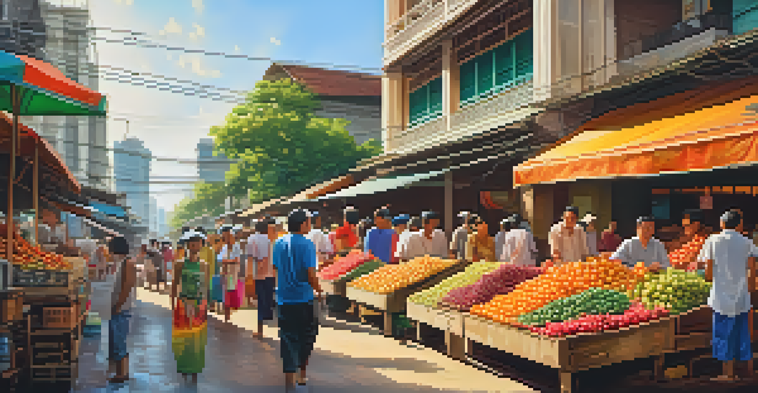 A lively street market scene in Bangkok with colorful fruits and street food vendors.