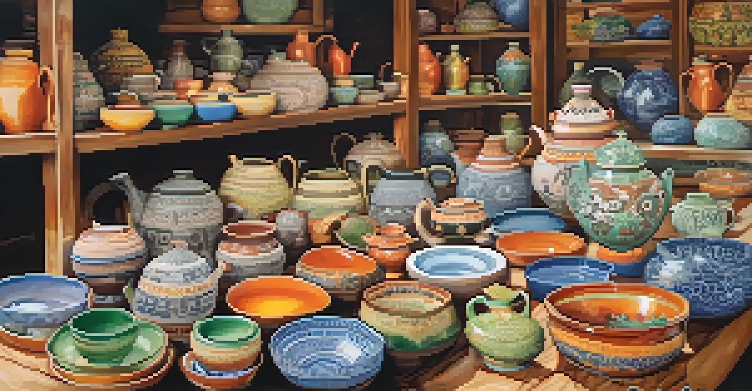 A colorful display of ceramic pottery at a market in Pai, Thailand, featuring various traditional designs and vibrant colors, with shoppers in the background.