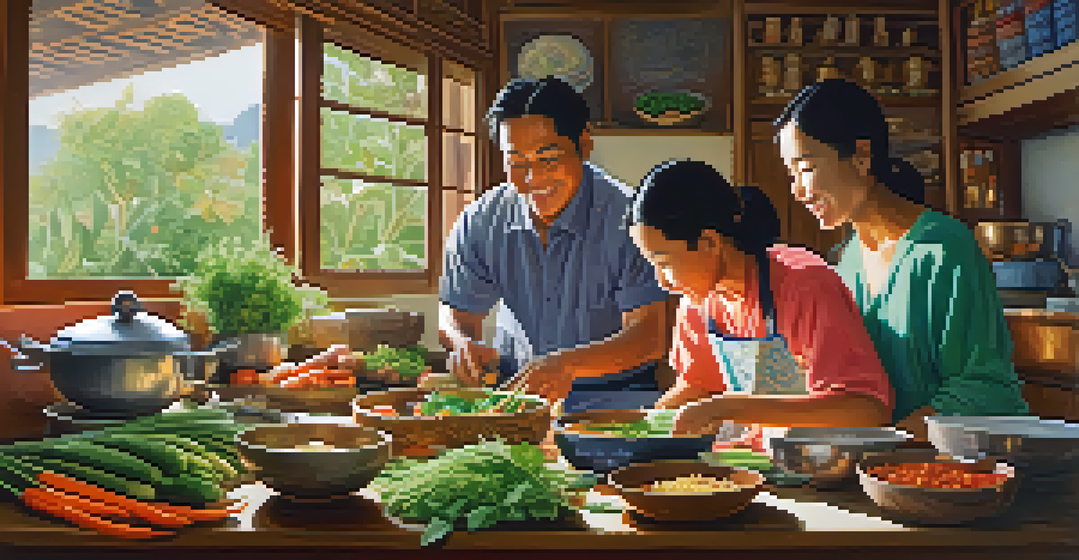 A Thai family cooking together in a cozy kitchen, surrounded by vibrant ingredients and warm natural light.