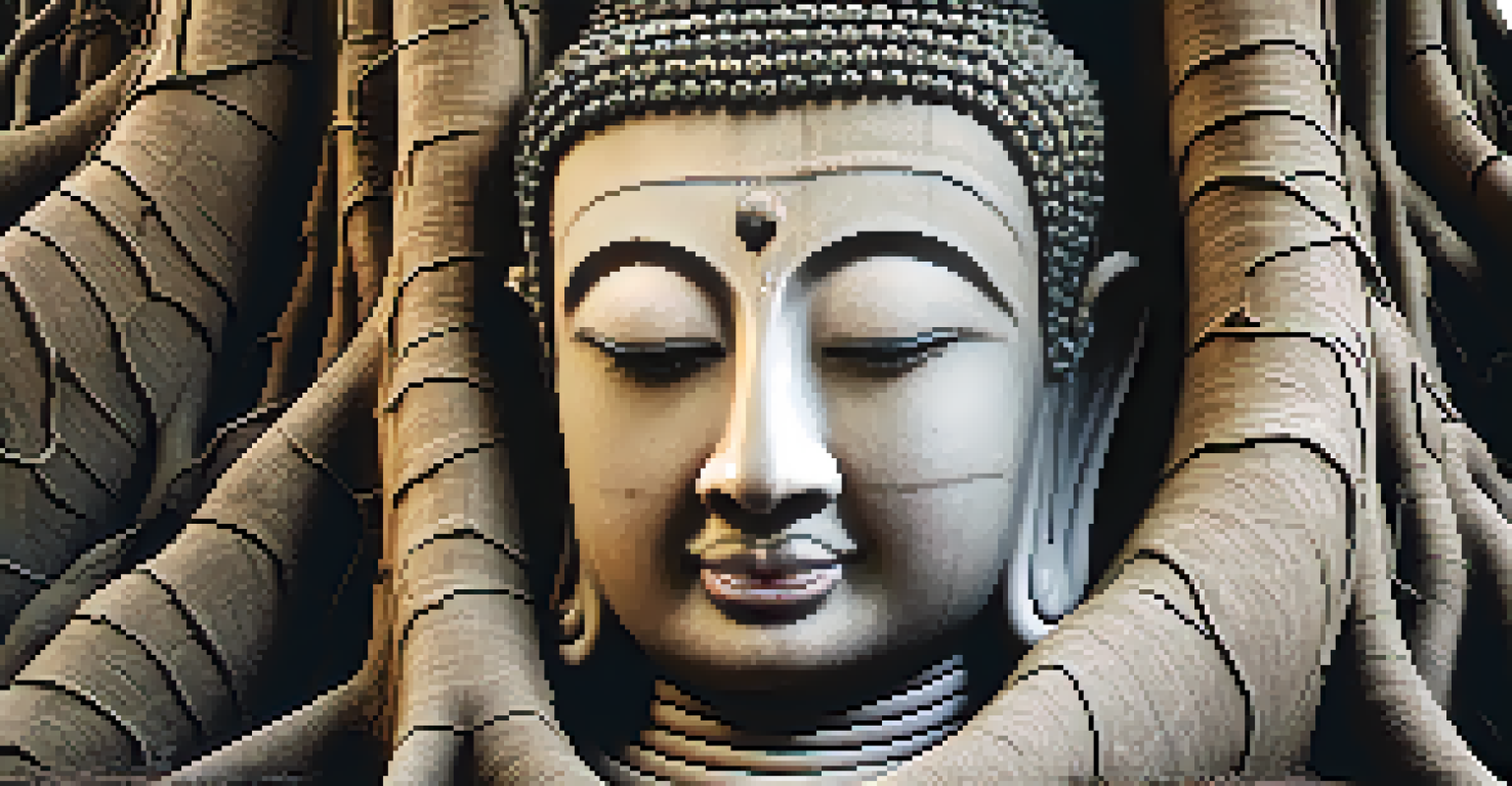 A close-up of a Buddha head intertwined in tree roots at Wat Mahathat, highlighting the textures of the stone and the roots.
