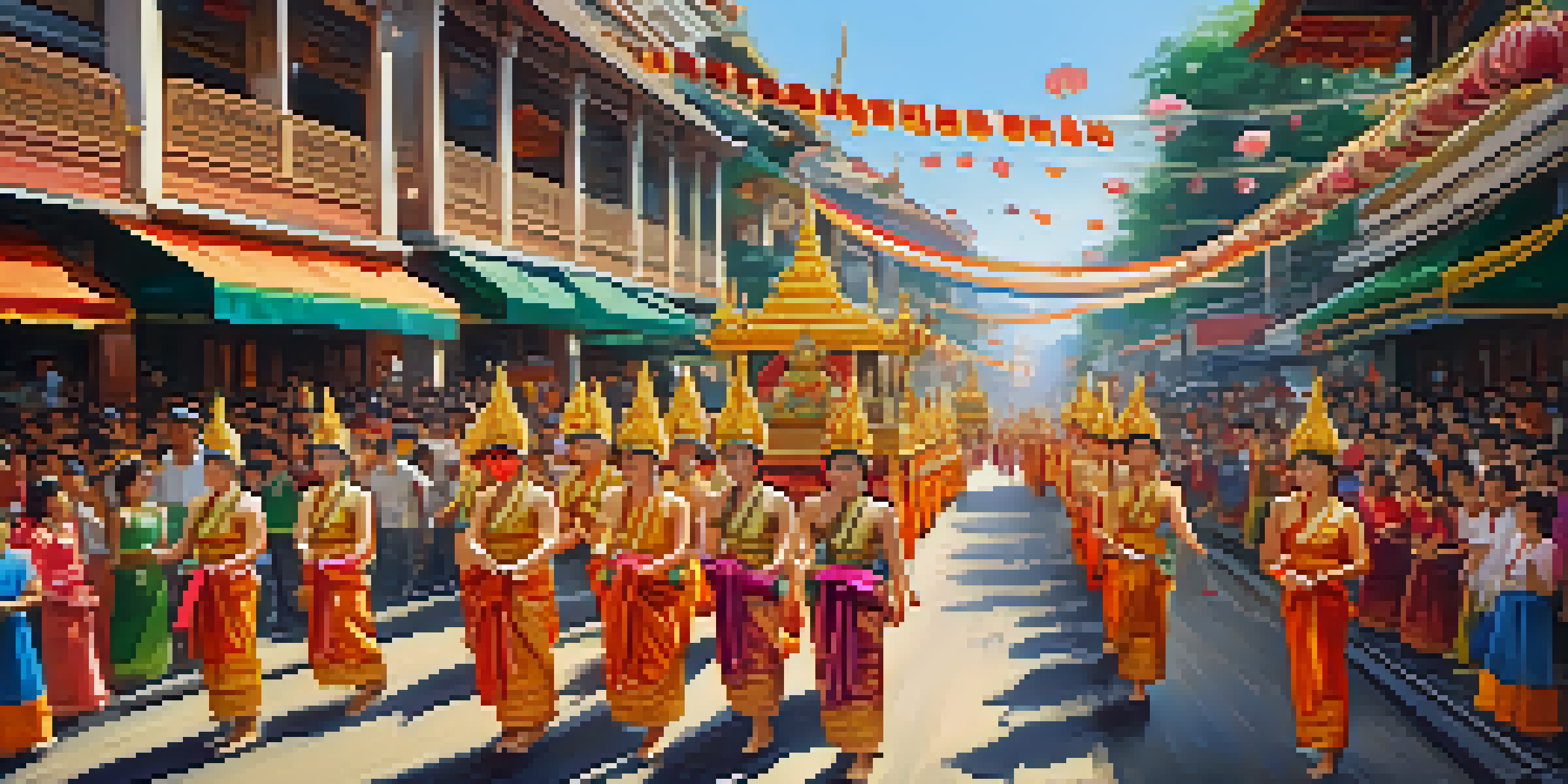 A lively Thai festival parade with dancers in colorful costumes and floral headdresses, surrounded by enthusiastic spectators under a sunny sky.
