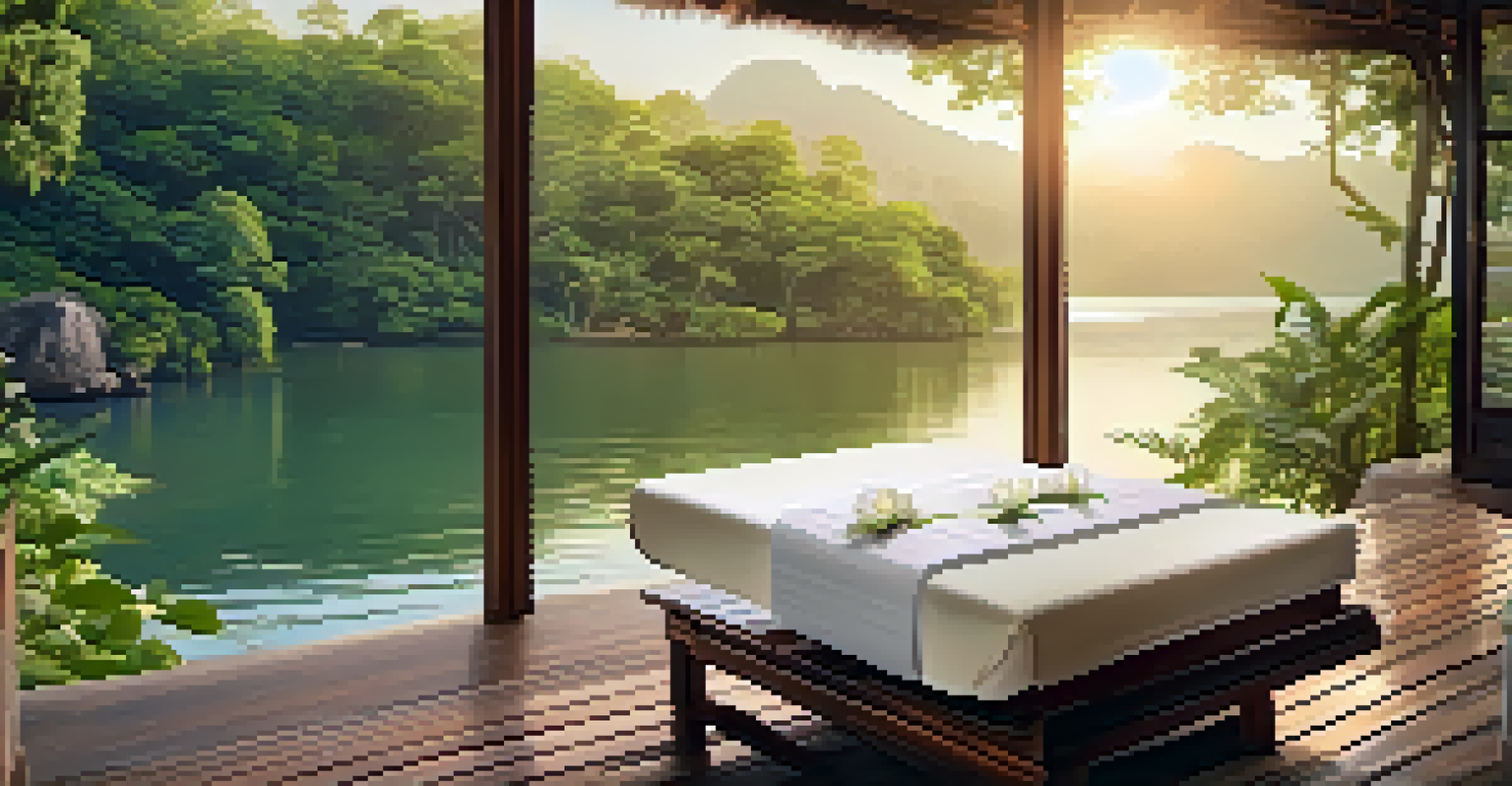 A floating hotel spa with a massage table by a peaceful lake, surrounded by greenery and soft sunlight.