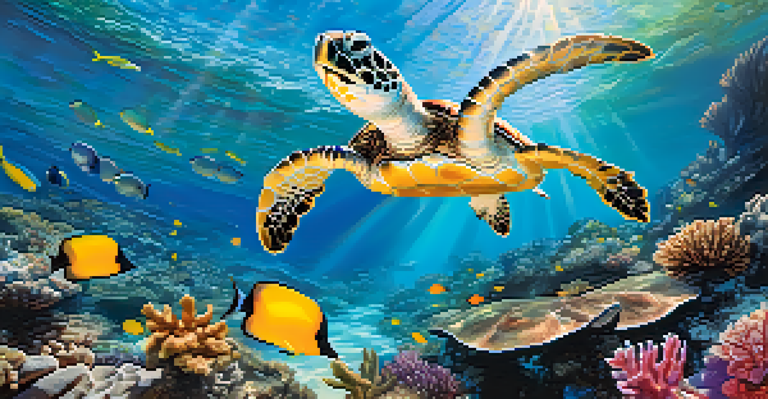 A vibrant underwater scene in the Similan Islands, featuring a colorful coral reef, various fish species, and a sea turtle swimming in clear waters.