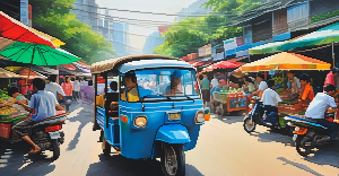 A colorful tuk-tuk driving through a busy Thai market filled with vendors and people, under warm sunlight.